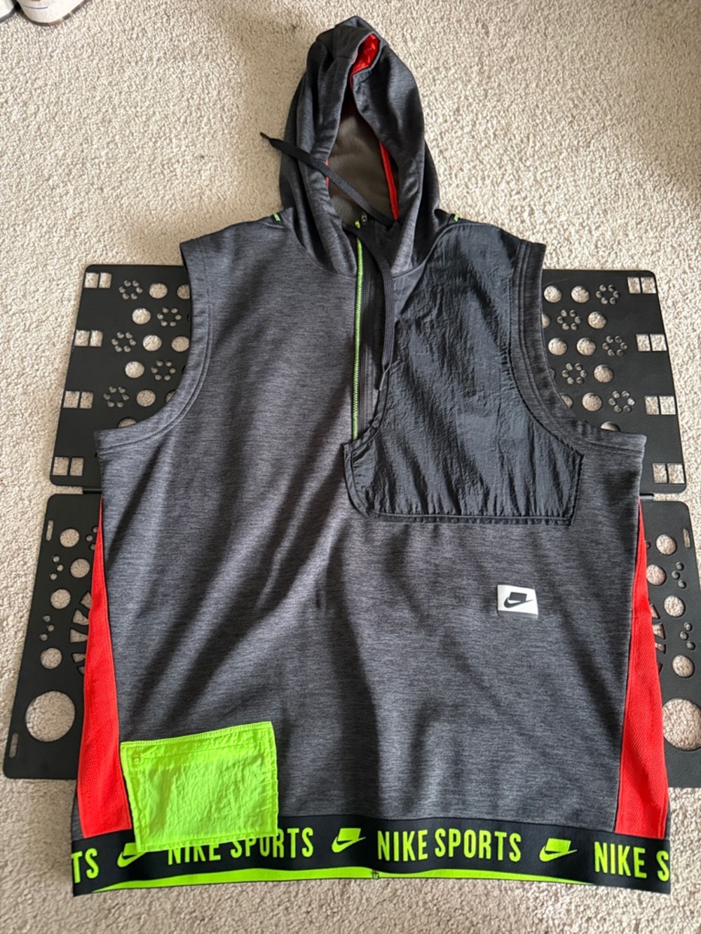 Nike Sleeveless Hoodie - Gray with Red & Neon Green (L)